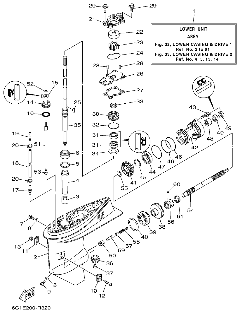 Yamaha F50HET, F60FET, F50HEHD, F60FEHT LOWER CASING & DRIVE 1 parts diagram